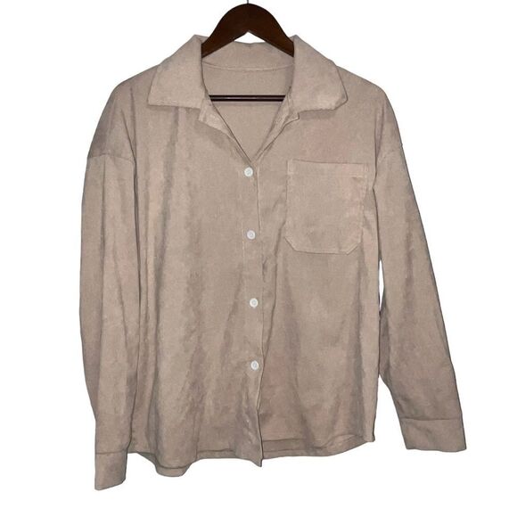 Women's Romwe Tan Long Sleeve Button Down Shacket - Picture 1 of 11